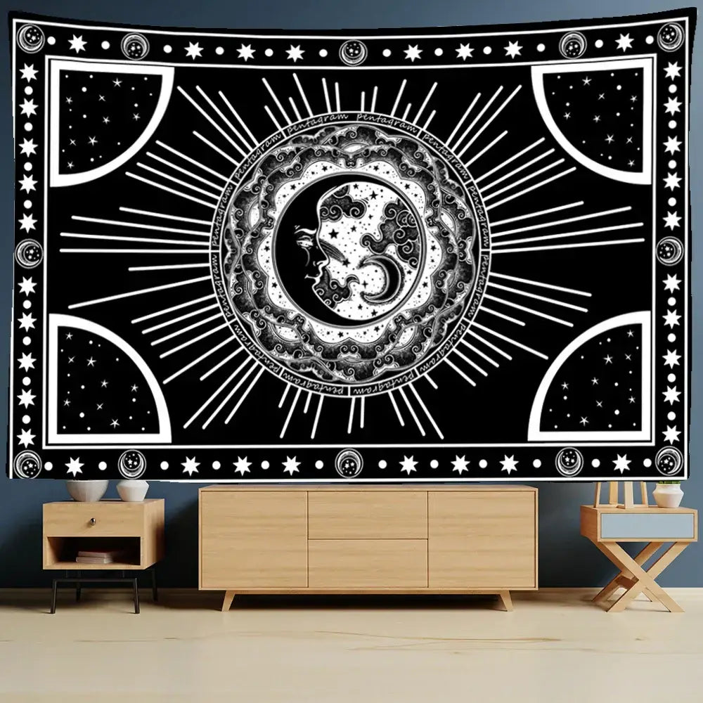 Celestial mandala hippie black & white wall hanging bedroom tapestry