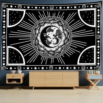 Celestial mandala hippie black & white wall hanging bedroom tapestry