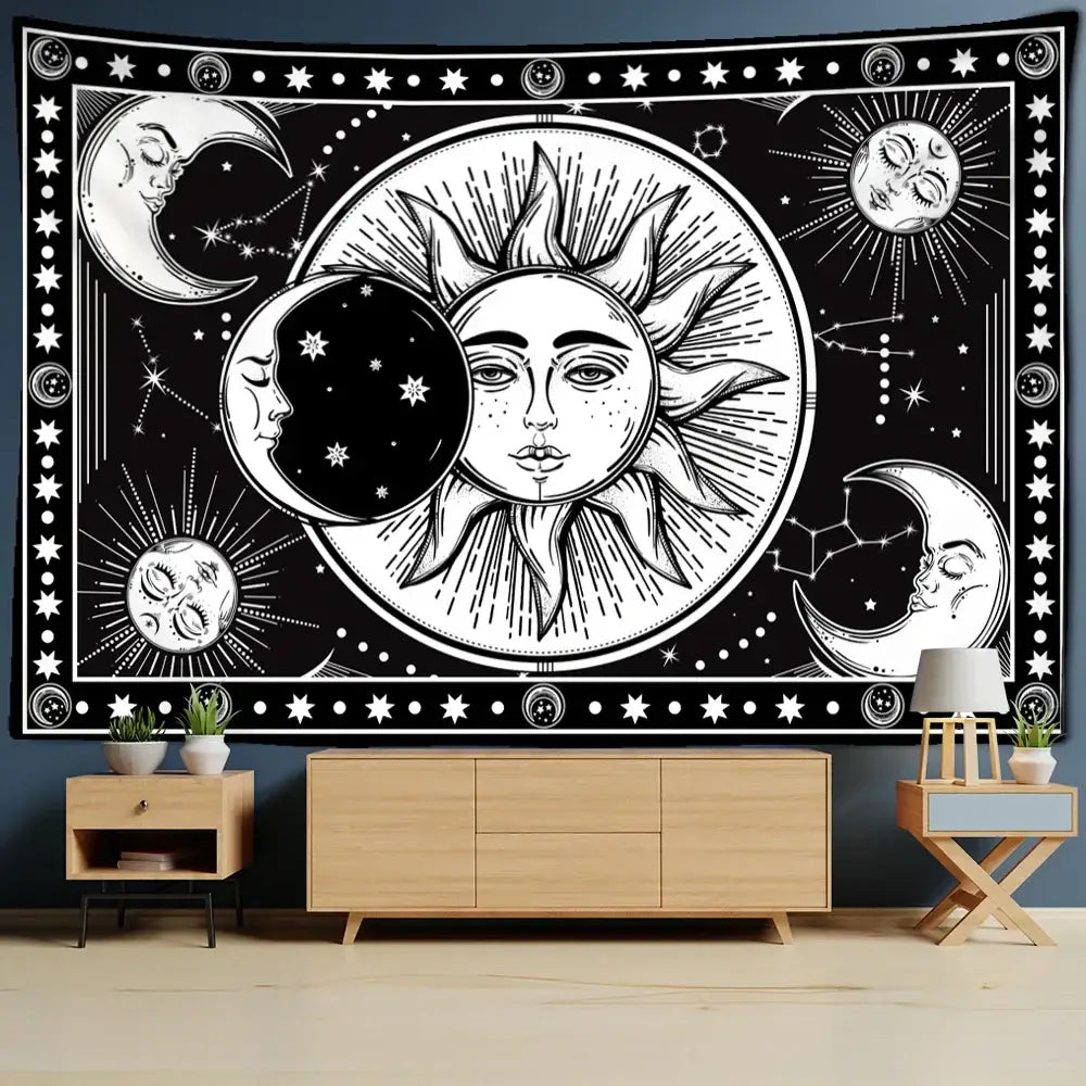 Celestial mandala hippie black & white wall hanging bedroom tapestry
