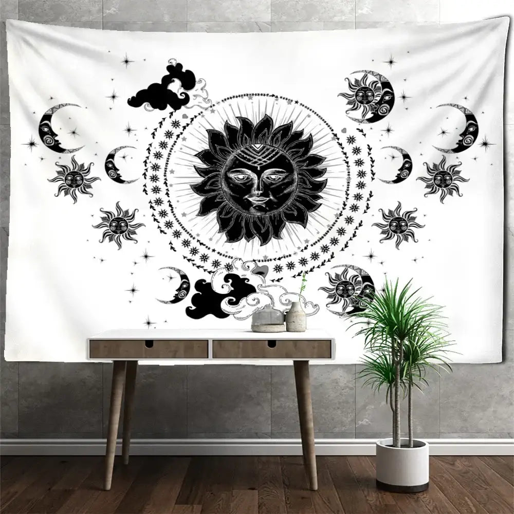 Celestial mandala hippie black & white wall hanging bedroom tapestry