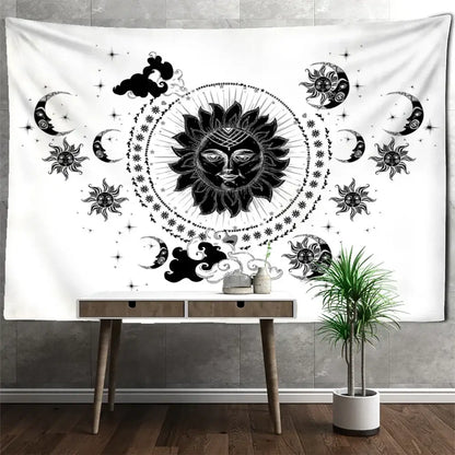 Celestial mandala hippie black & white wall hanging bedroom tapestry