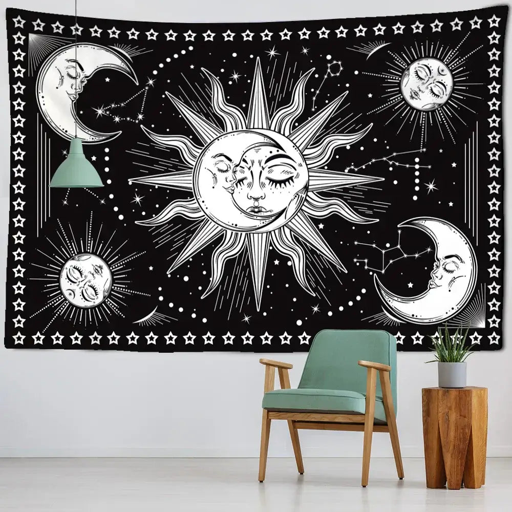 Celestial mandala hippie black & white wall hanging bedroom tapestry