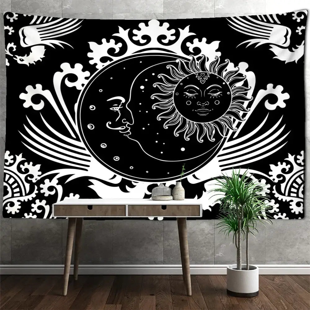 Celestial mandala hippie black & white wall hanging bedroom tapestry