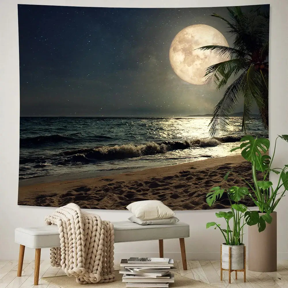 Celestial moon night sky beach tapestry bedroom wall decor