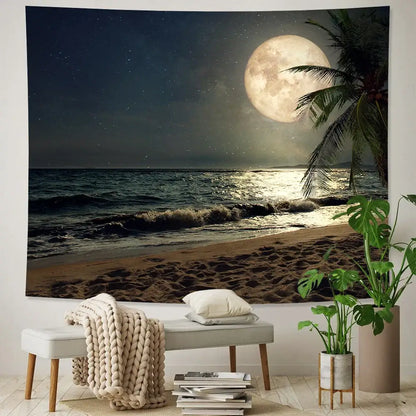 Celestial moon night sky beach tapestry bedroom wall decor