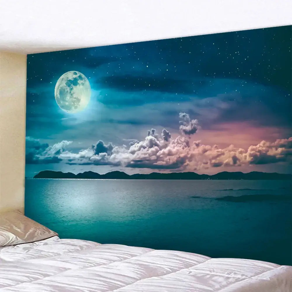 Celestial moon night sky beach tapestry bedroom wall decor