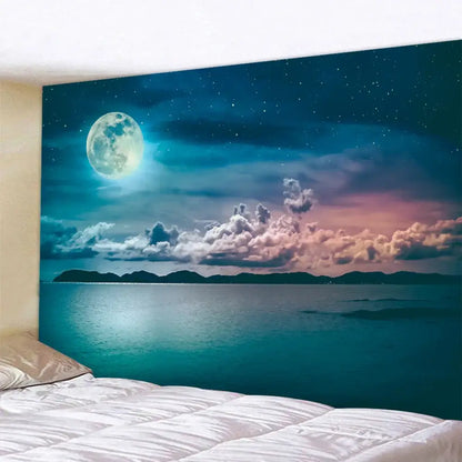 Celestial moon night sky beach tapestry bedroom wall decor