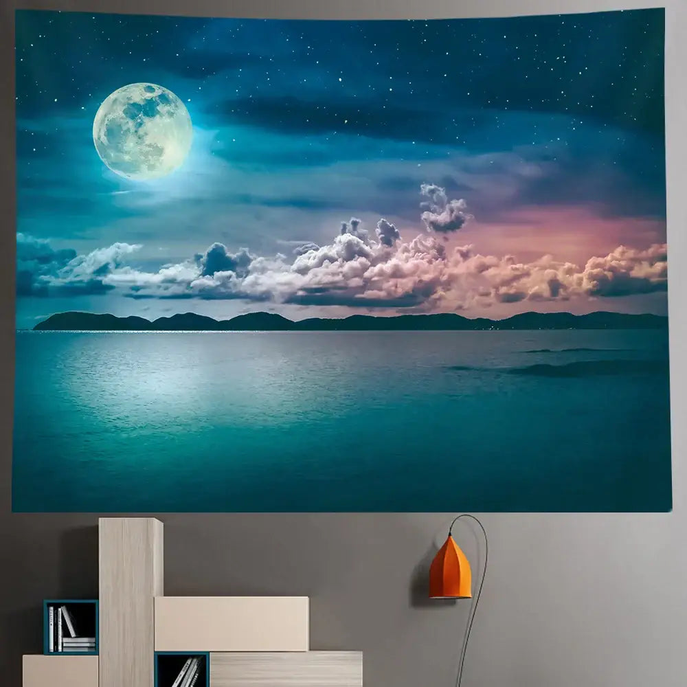 Celestial moon night sky beach tapestry bedroom wall decor