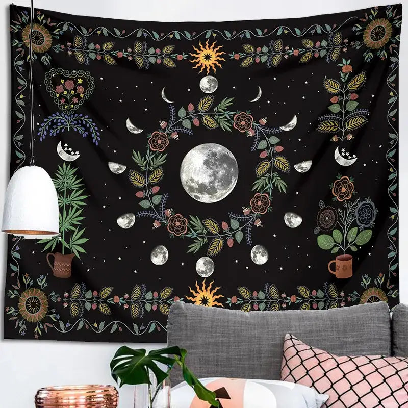 Celestial moon phase floral tapestry black bedroom wall hanging