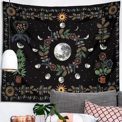 Celestial moon phase floral tapestry black bedroom wall hanging