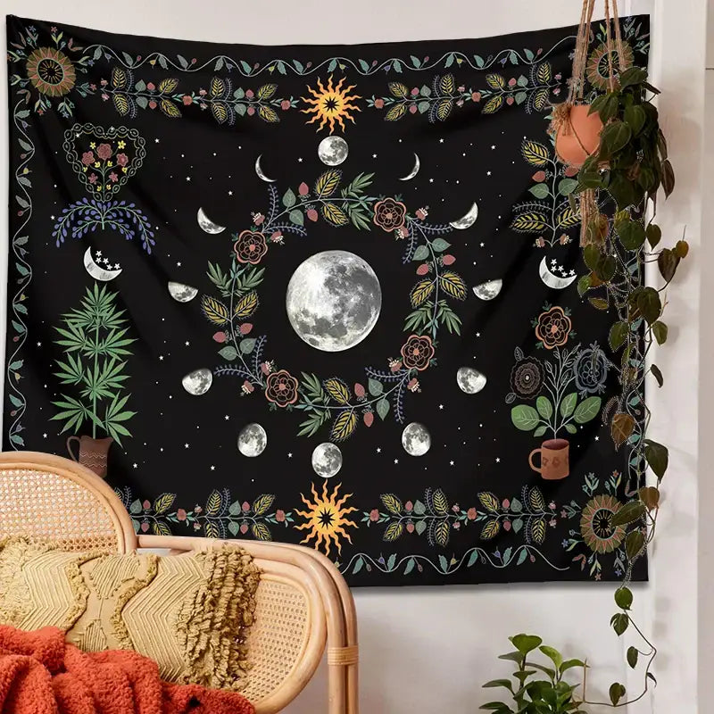 Celestial moon phase floral tapestry black bedroom wall hanging