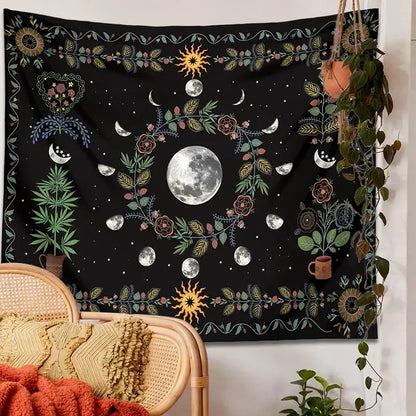 Celestial moon phase floral tapestry black bedroom wall hanging