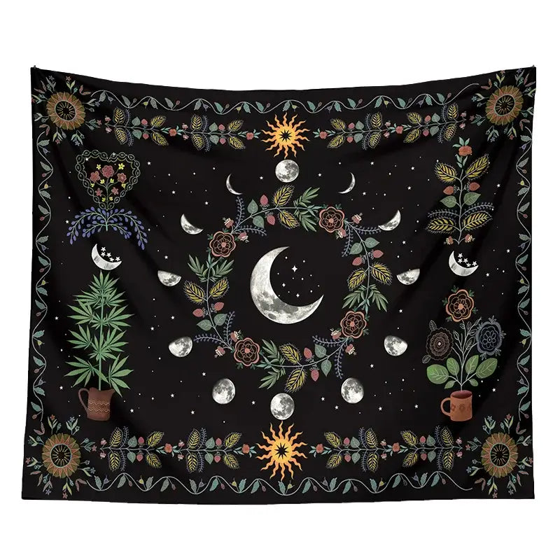 Celestial moon phase floral tapestry black bedroom wall hanging