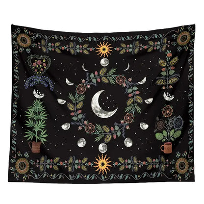 Celestial moon phase floral tapestry black bedroom wall hanging