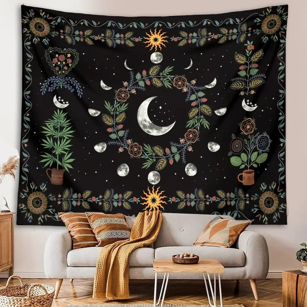 Celestial moon phase floral tapestry black bedroom wall hanging