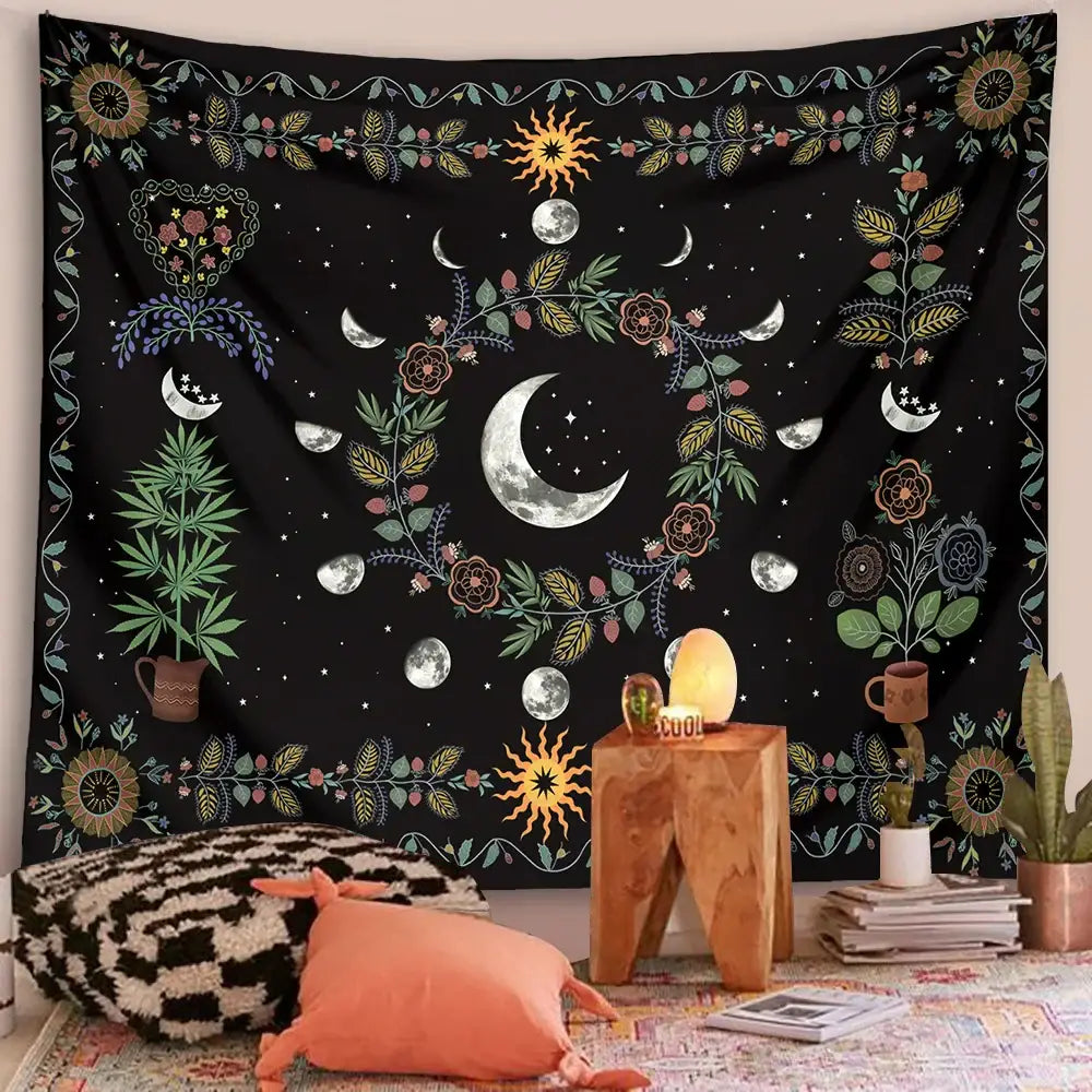 Celestial moon phase floral tapestry black bedroom wall hanging