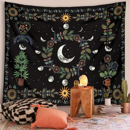 Celestial moon phase floral tapestry black bedroom wall hanging