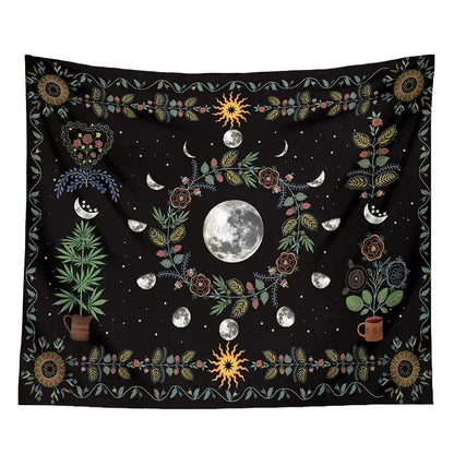 Celestial moon phase floral tapestry black bedroom wall hanging