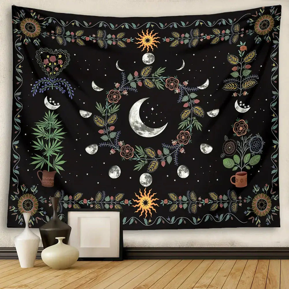 Celestial moon phase floral tapestry black bedroom wall hanging