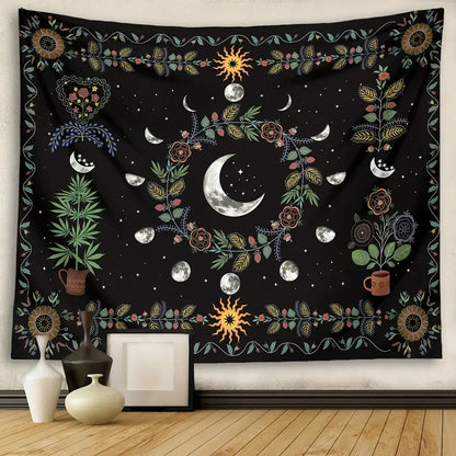 Celestial moon phase floral tapestry black bedroom wall hanging