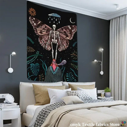 Celestial moth tapestry black & white bedroom wall decor