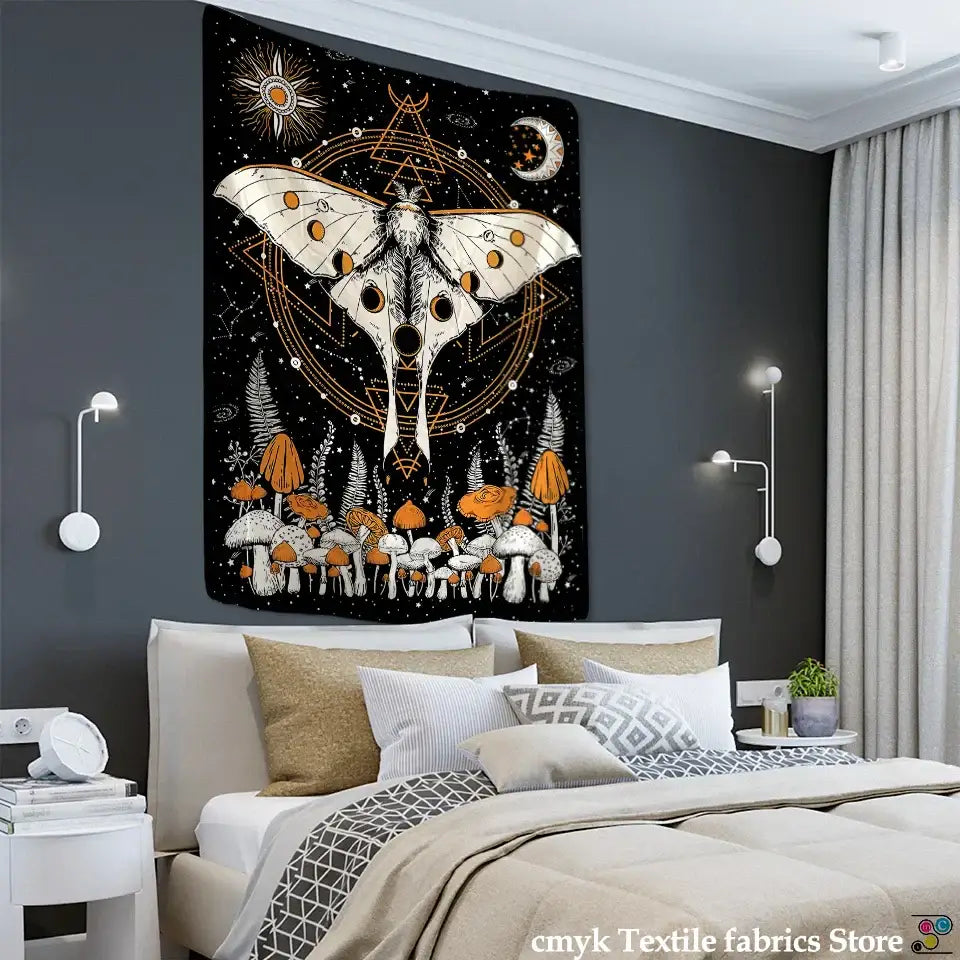Celestial moth tapestry black & white bedroom wall decor
