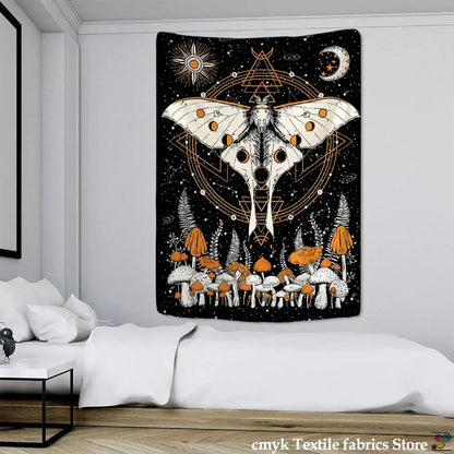 Celestial moth tapestry black & white bedroom wall decor