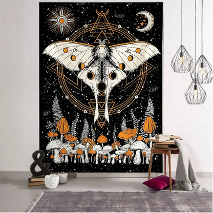 Celestial moth tapestry black & white bedroom wall decor