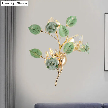 DecorBites™ Ceramic and Crystal Branch Wall Lamp with 3 Bulbs and Rose/Leaf Design in Black/White for Bedroom Sconce Lighting