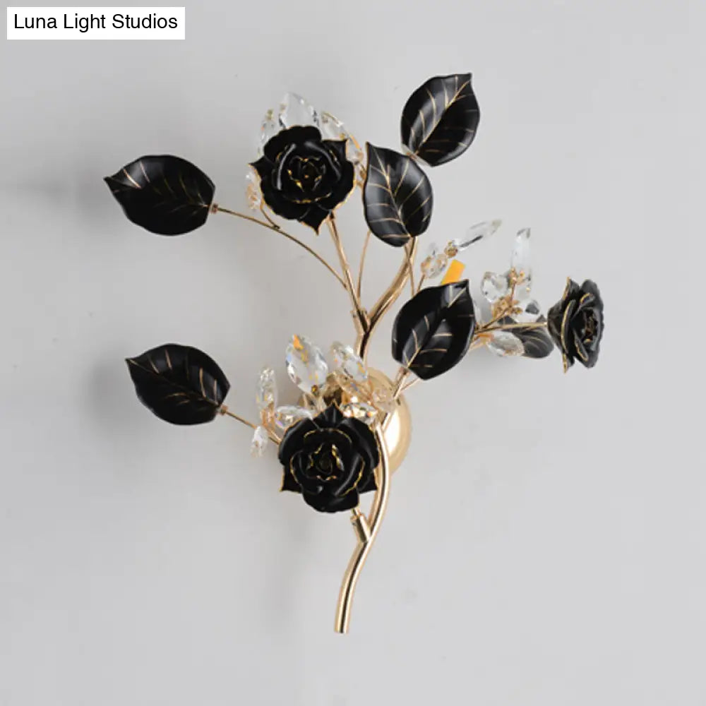 DecorBites™ Ceramic and Crystal Branch Wall Lamp with 3 Bulbs and Rose/Leaf Design in Black/White for Bedroom Sconce Lighting