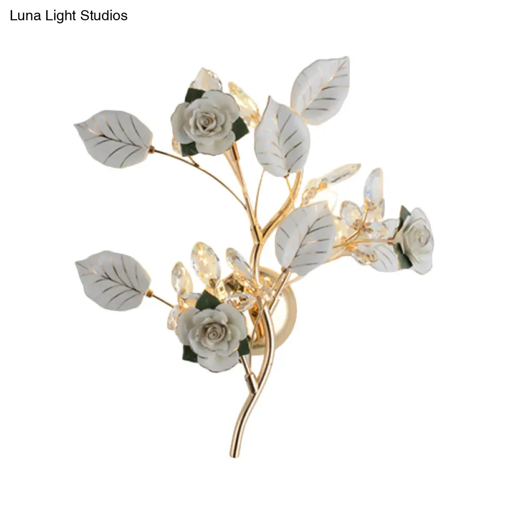 DecorBites™ Ceramic and Crystal Branch Wall Lamp with 3 Bulbs and Rose/Leaf Design in Black/White for Bedroom Sconce Lighting
