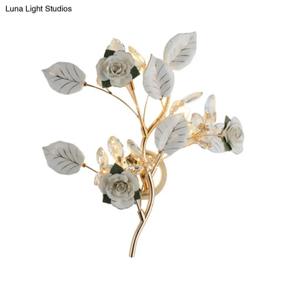 DecorBites™ Ceramic and Crystal Branch Wall Lamp with 3 Bulbs and Rose/Leaf Design in Black/White for Bedroom Sconce Lighting
