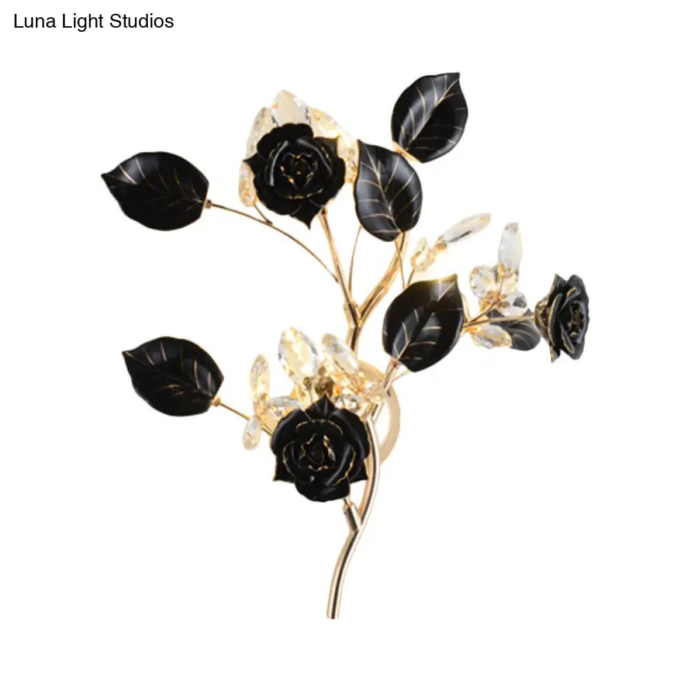 DecorBites™ Ceramic and Crystal Branch Wall Lamp with 3 Bulbs and Rose/Leaf Design in Black/White for Bedroom Sconce Lighting