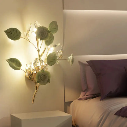 DecorBites™ Ceramic and Crystal Branch Wall Lamp with 3 Bulbs and Rose/Leaf Design in Black/White for Bedroom Sconce Lighting