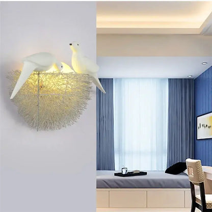 Ceramic bird and golden nest led wall lamp bedroom sconce