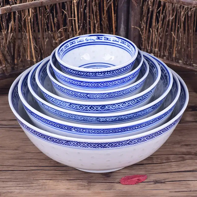 Ceramic dragon print nested bowls set blue & white dining room dishes