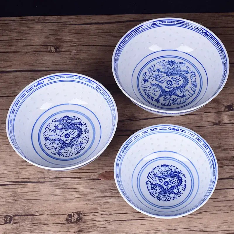 Ceramic dragon print nested bowls set blue & white dining room dishes
