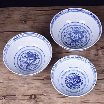 Ceramic dragon print nested bowls set blue & white dining room dishes