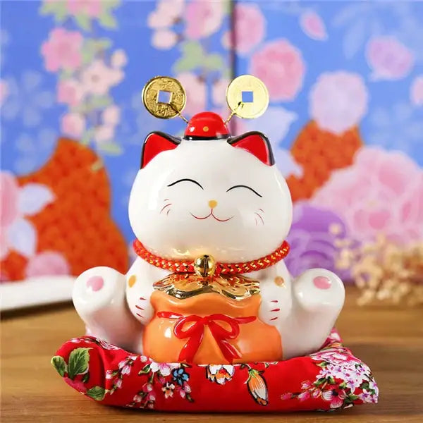 Ceramic maneki neko piggy bank floral white living room decor