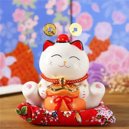 Ceramic maneki neko piggy bank floral white living room decor