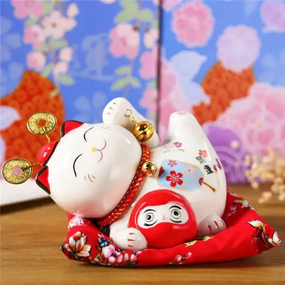 Ceramic maneki neko piggy bank floral white living room decor