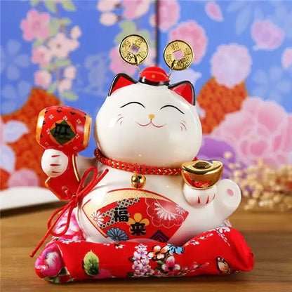 Ceramic maneki neko piggy bank floral white living room decor