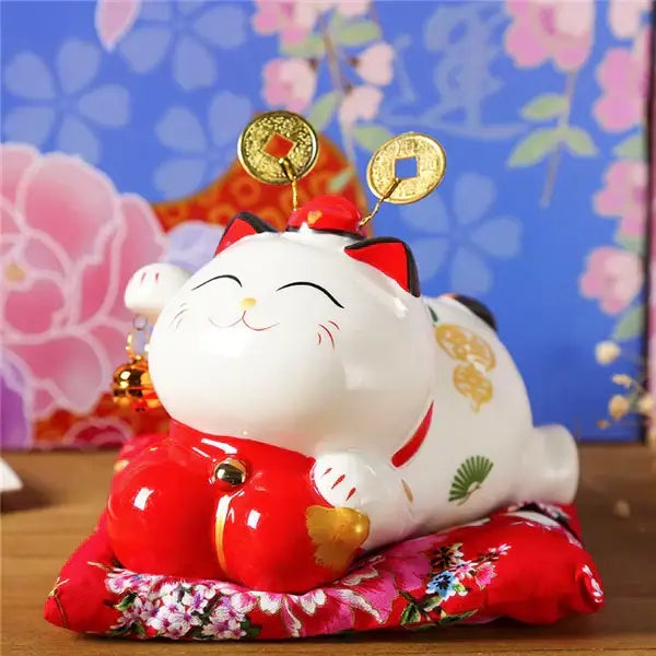 Ceramic maneki neko piggy bank floral white living room decor