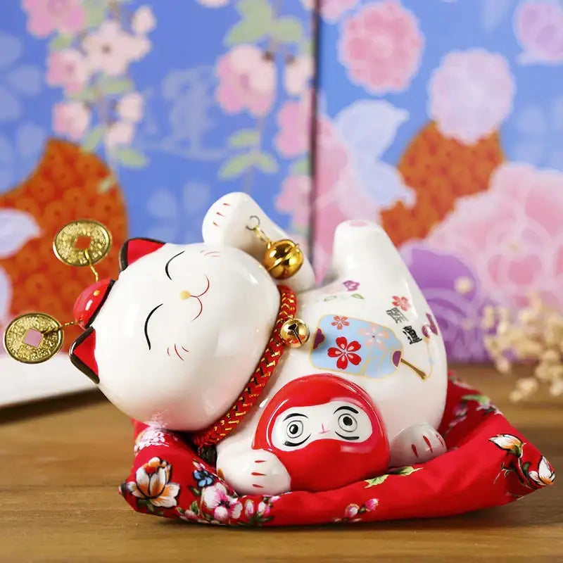 Ceramic maneki neko piggy bank floral white living room decor