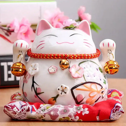 Ceramic maneki neko piggy bank floral white living room decor