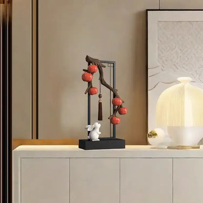 Ceramic red persimmon and white rabbit home decor set living room