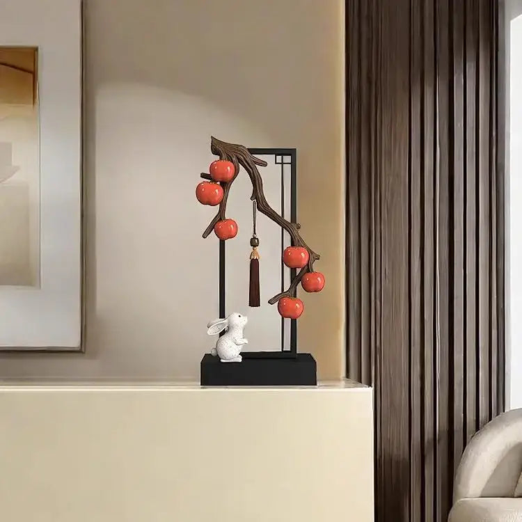Ceramic red persimmon and white rabbit home decor set living room