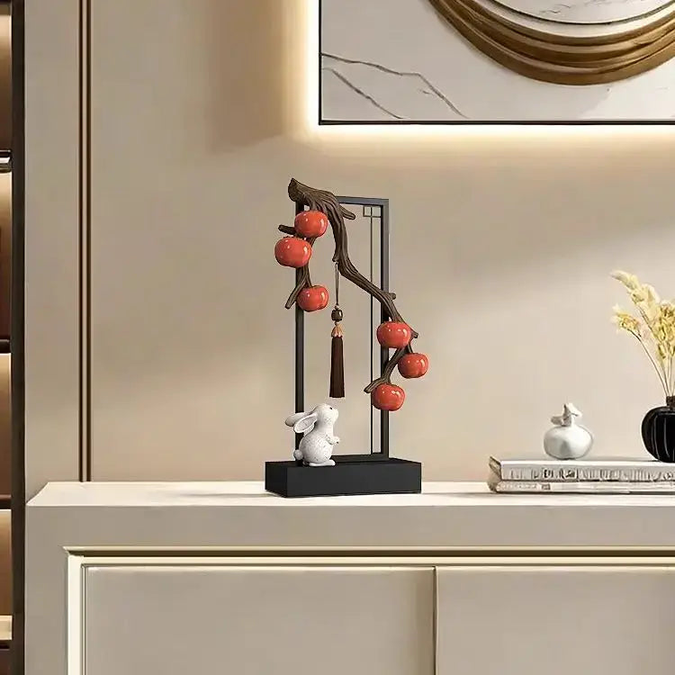 Ceramic red persimmon and white rabbit home decor set living room