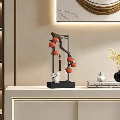 Ceramic red persimmon and white rabbit home decor set living room