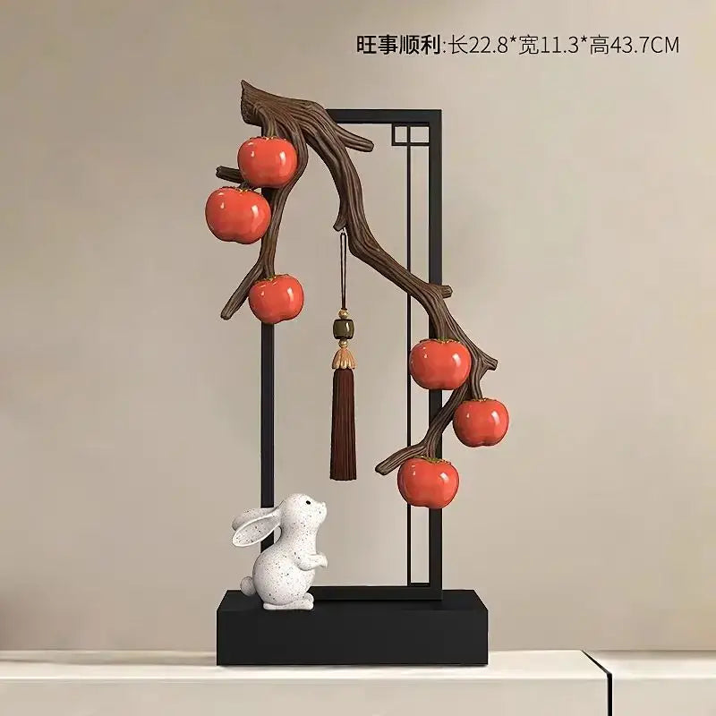 Ceramic red persimmon and white rabbit home decor set living room